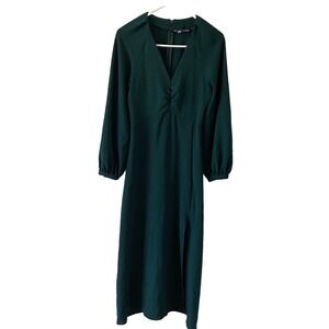 ZARA Green Midi Dress S Long Sleeve Puff Sleeve V-Neck Ruched Waist Elegant‎